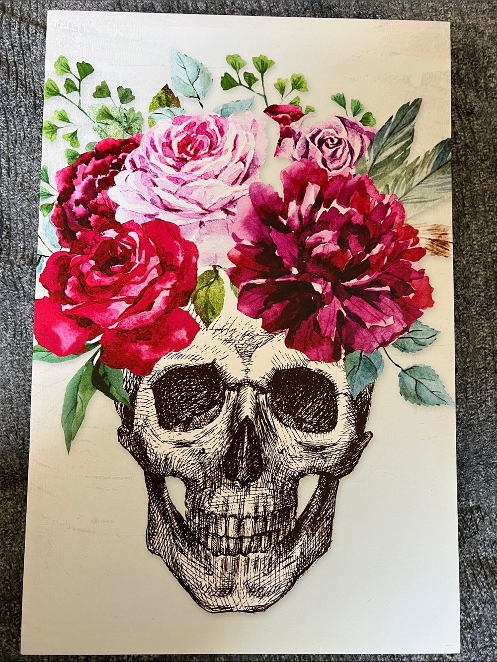 Floral Skull Wall Art - Pink & Red Peony Bouquet